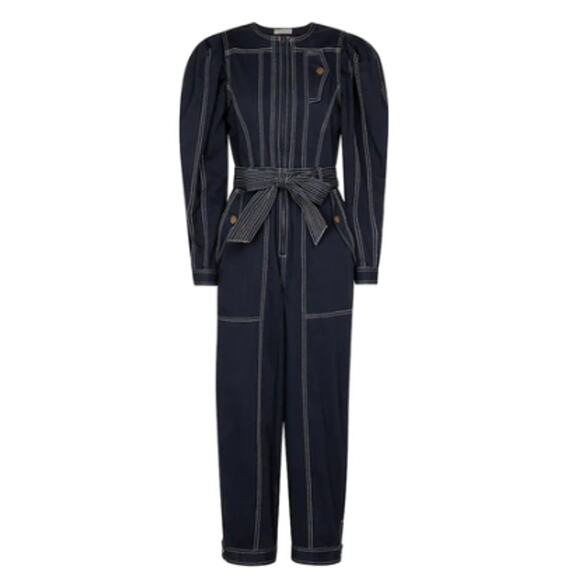Ulla Johnson Utility Jumpsuit Leo Contrast Stitching Denim Blue Cotton Belted 2 - Picture 1 of 16